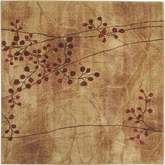 7' Brown and Red Square Floral Power Loom Area Rug Photo 1