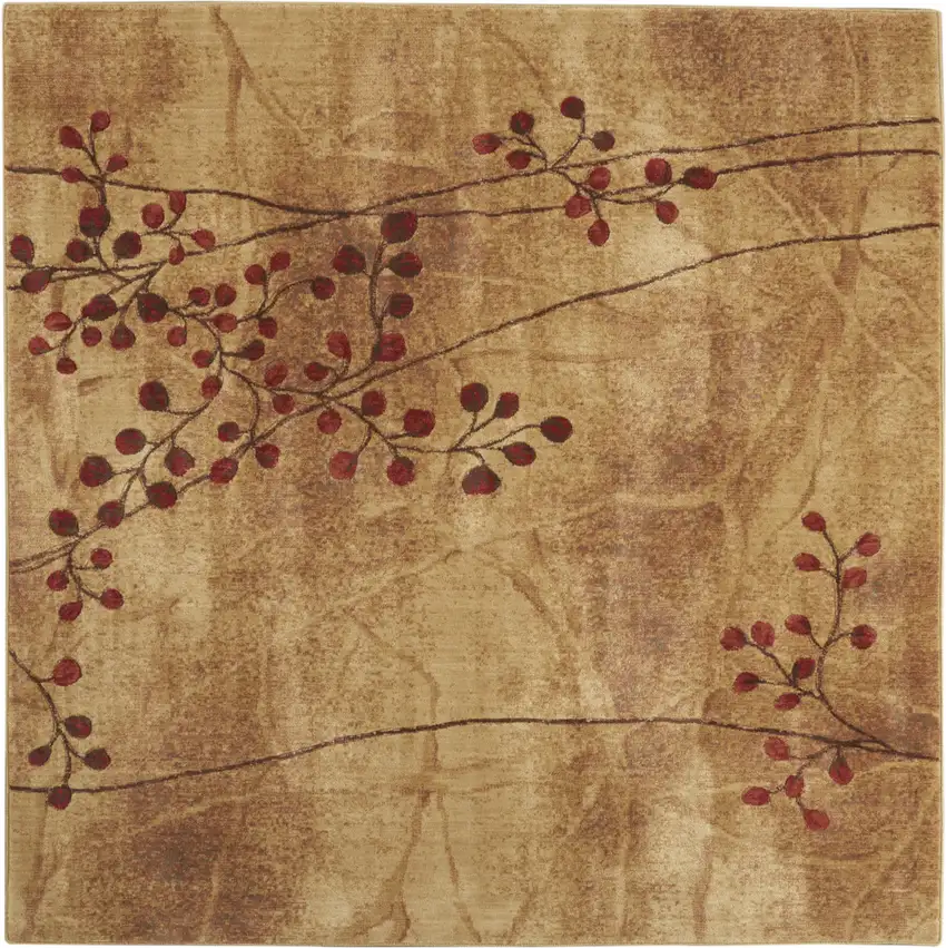 7' Brown and Red Square Floral Power Loom Area Rug Photo 1