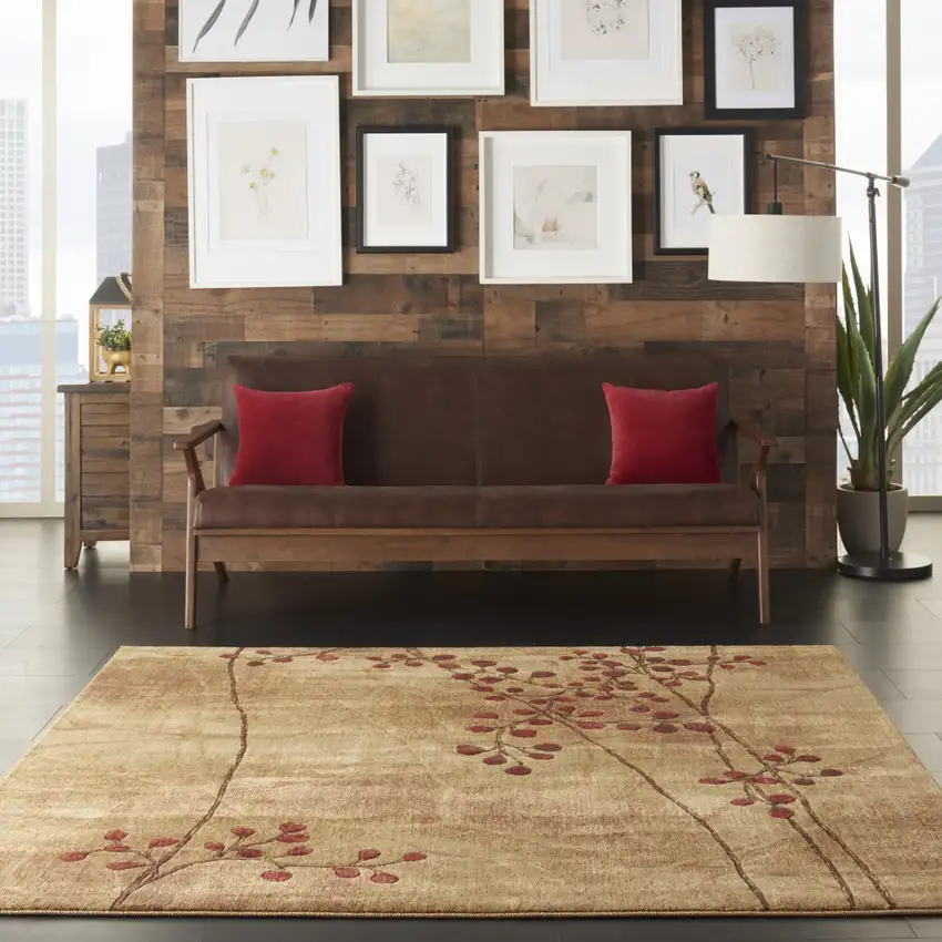 7' Brown and Red Square Floral Power Loom Area Rug Photo 5