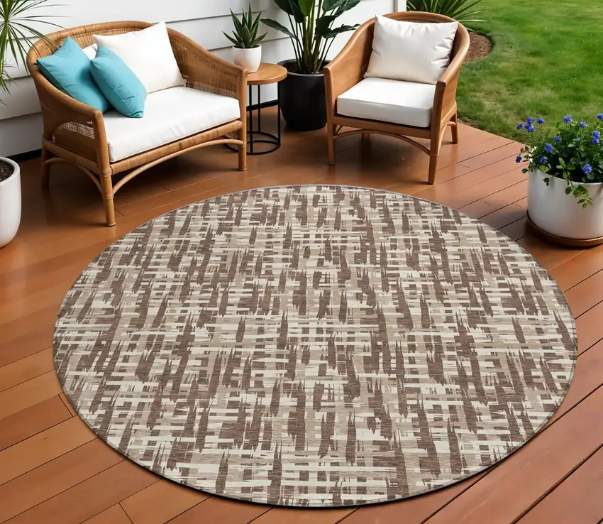8' Brown Tan And Beige Round Abstract Washable Indoor Outdoor Area Rug Photo 1