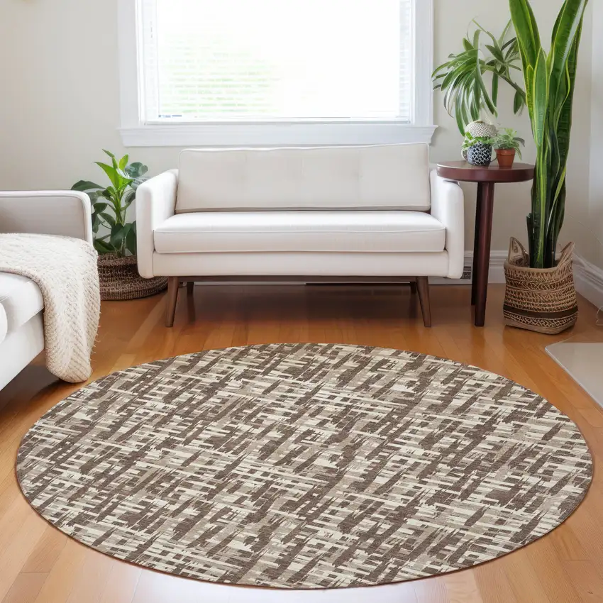 8' Brown Tan And Beige Round Abstract Washable Indoor Outdoor Area Rug Photo 9