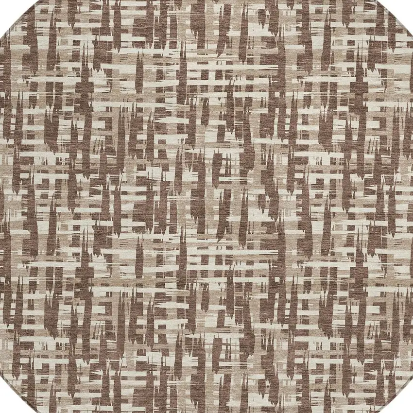 8' Brown Tan And Beige Round Abstract Washable Indoor Outdoor Area Rug Photo 5