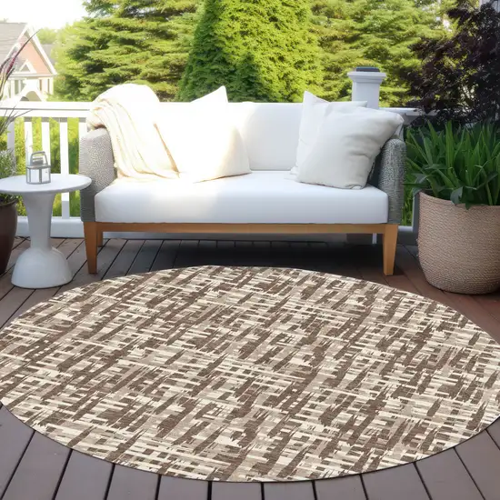 8' Brown Tan And Beige Round Abstract Washable Indoor Outdoor Area Rug Photo 8