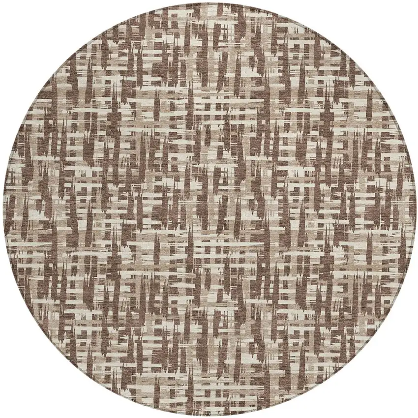 8' Brown Tan And Beige Round Abstract Washable Indoor Outdoor Area Rug Photo 6