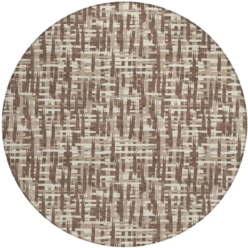 8' Brown Tan And Beige Round Abstract Washable Indoor Outdoor Area Rug Photo 2