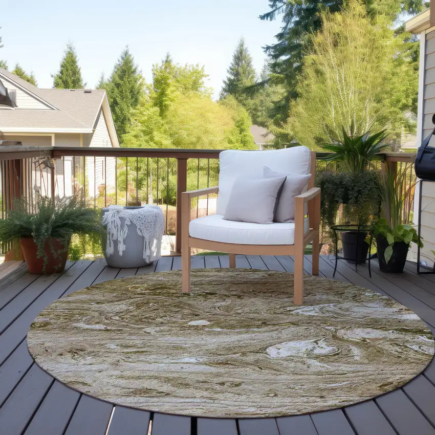 8' Brown Tan And Beige Round Abstract Washable Indoor Outdoor Area Rug Photo 6