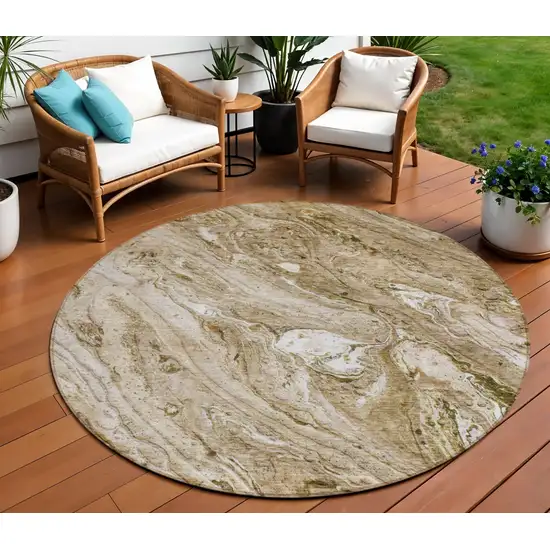 8' Brown Tan And Beige Round Abstract Washable Indoor Outdoor Area Rug Photo 1