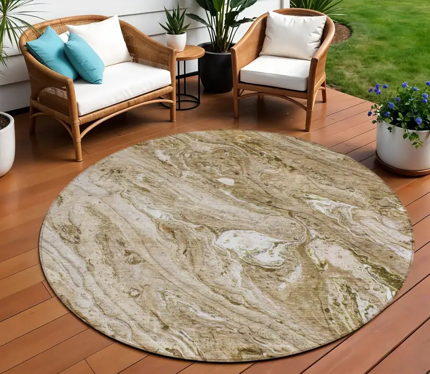 8' Brown Tan And Beige Round Abstract Washable Indoor Outdoor Area Rug Photo 1