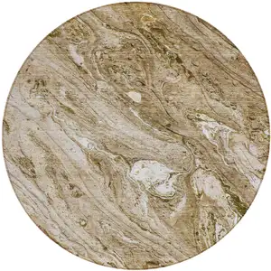 Photo of 8' Brown Tan And Beige Round Abstract Washable Indoor Outdoor Area Rug
