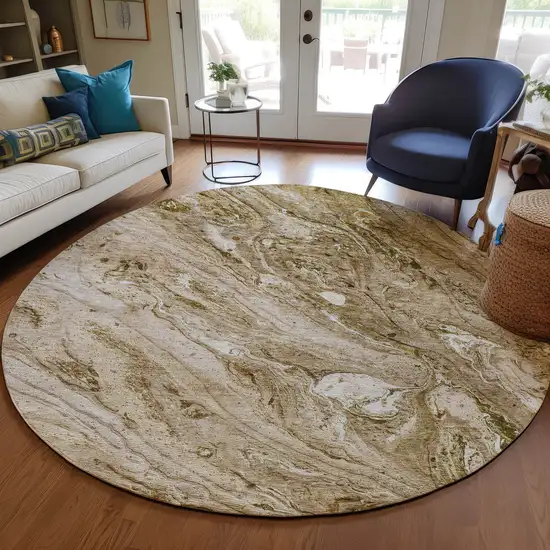 8' Brown Tan And Beige Round Abstract Washable Indoor Outdoor Area Rug Photo 7