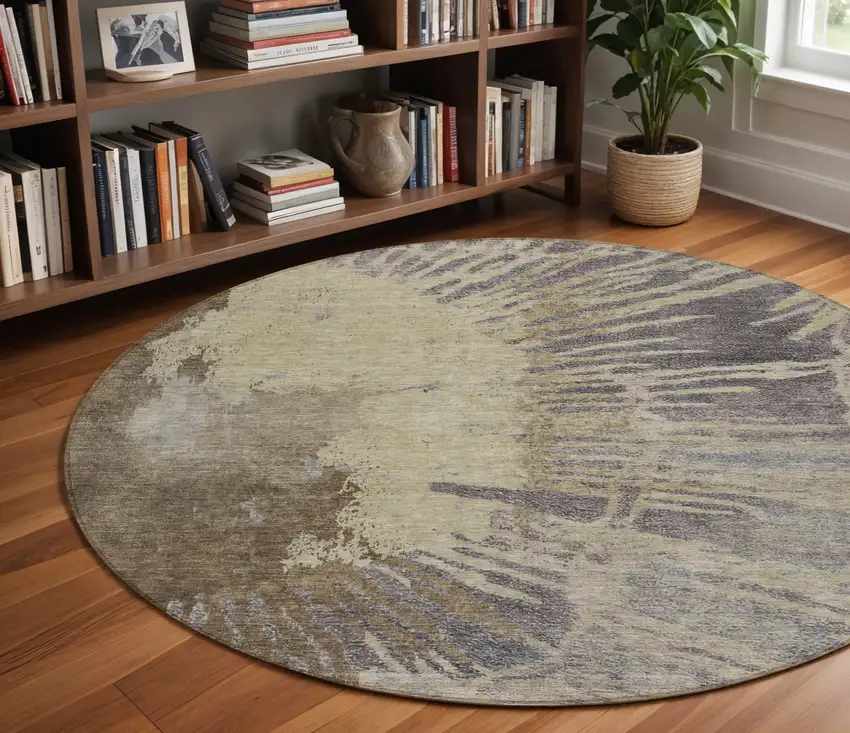 8' Brown Tan And Beige Round Abstract Washable Indoor Outdoor Area Rug Photo 8