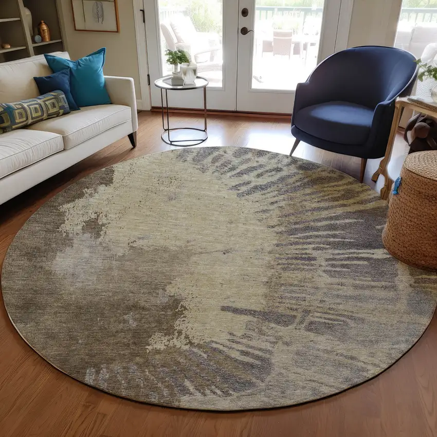 8' Brown Tan And Beige Round Abstract Washable Indoor Outdoor Area Rug Photo 7