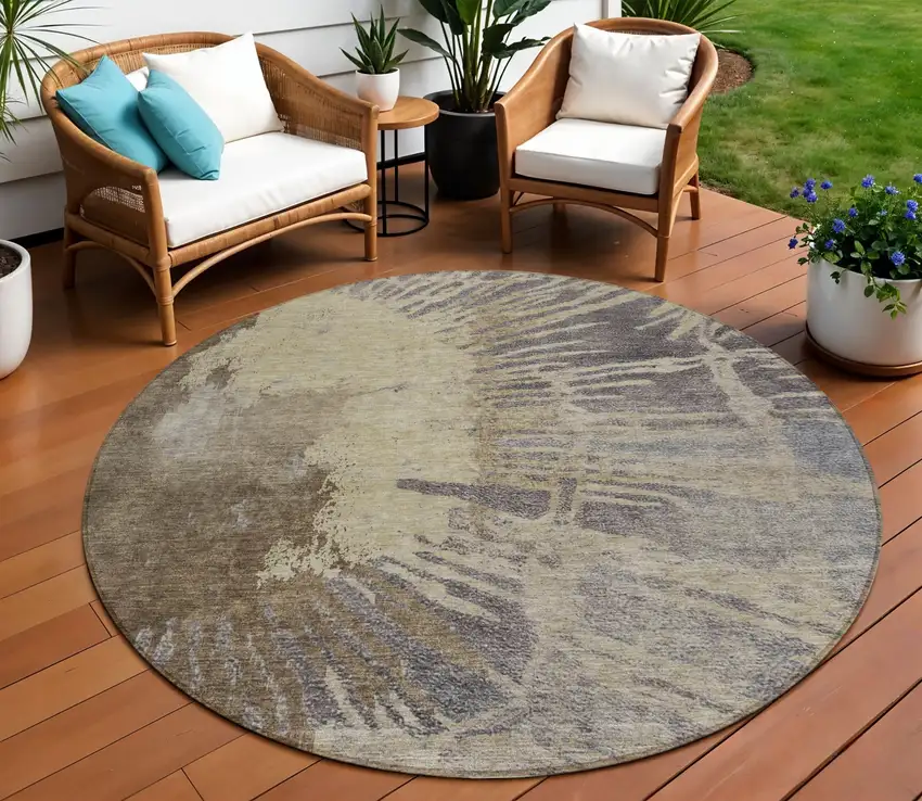 8' Brown Tan And Beige Round Abstract Washable Indoor Outdoor Area Rug Photo 1