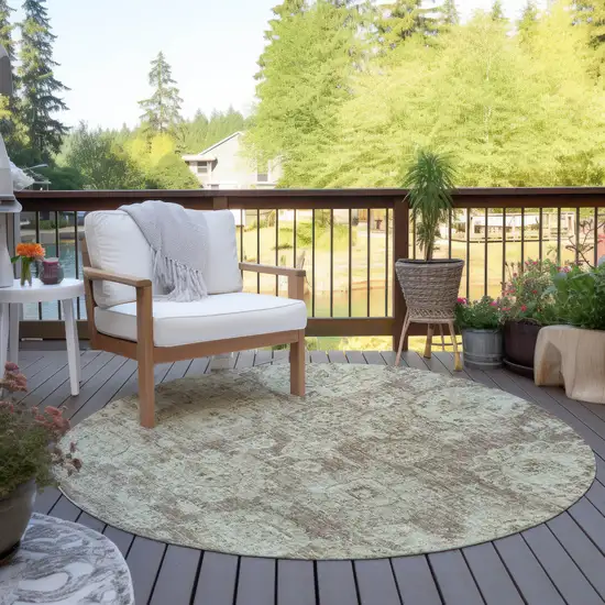 8' Brown Tan And Beige Round Floral Washable Indoor Outdoor Area Rug Photo 6