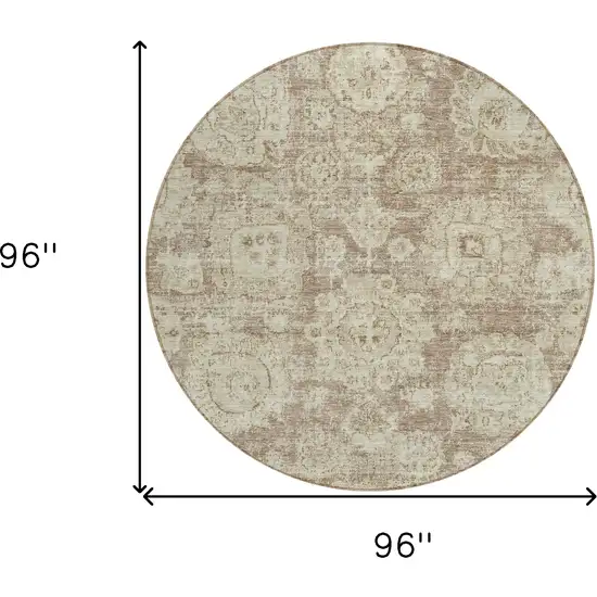 8' Brown Tan And Beige Round Floral Washable Indoor Outdoor Area Rug Photo 8