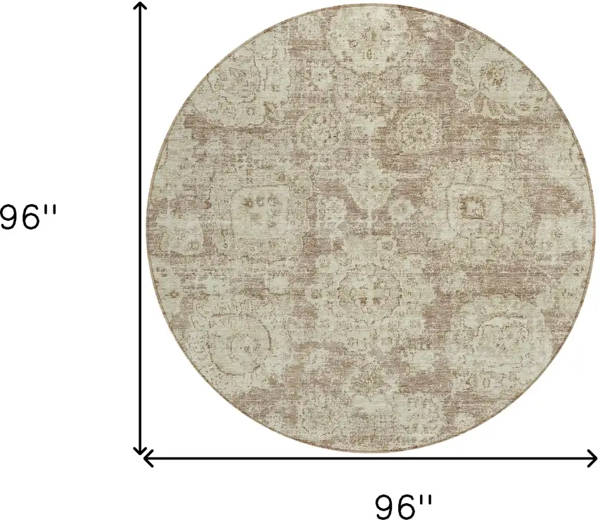 8' Brown Tan And Beige Round Floral Washable Indoor Outdoor Area Rug Photo 8
