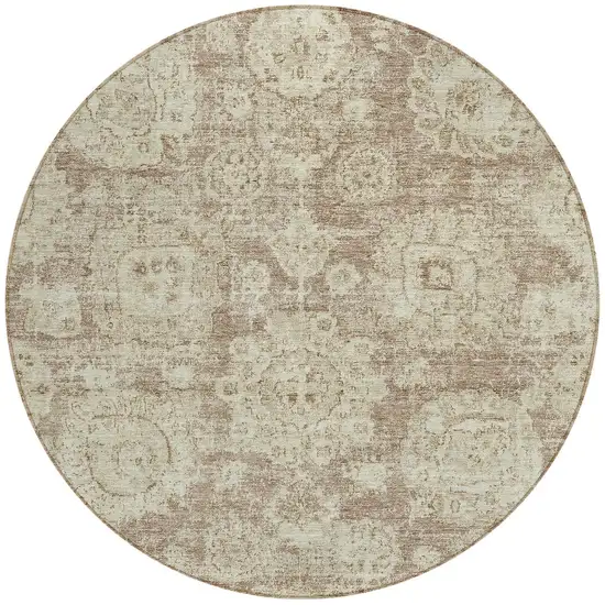8' Brown Tan And Beige Round Floral Washable Indoor Outdoor Area Rug Photo 5