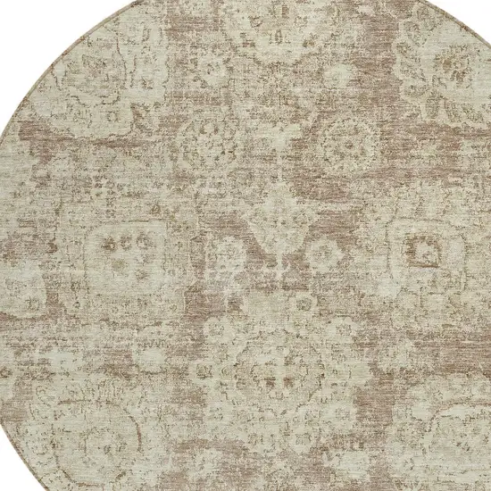 8' Brown Tan And Beige Round Floral Washable Indoor Outdoor Area Rug Photo 4