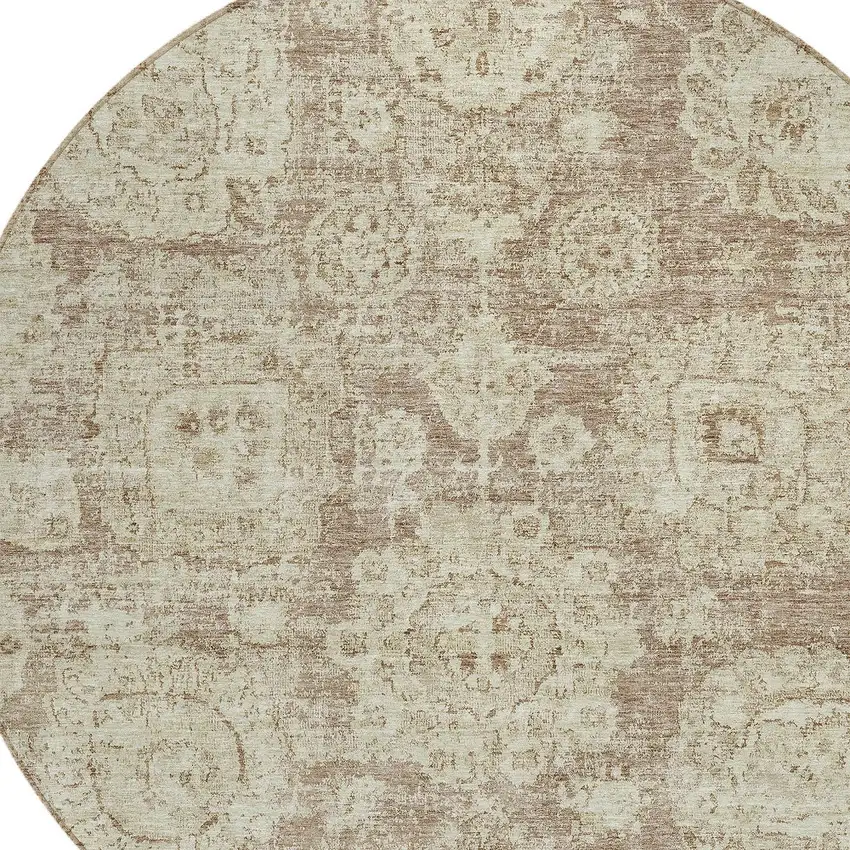 8' Brown Tan And Beige Round Floral Washable Indoor Outdoor Area Rug Photo 4