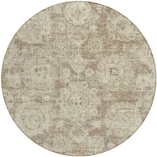 8' Brown Tan And Beige Round Floral Washable Indoor Outdoor Area Rug Photo 1