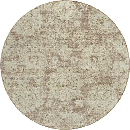 8' Brown Tan And Beige Round Floral Washable Indoor Outdoor Area Rug Photo 1