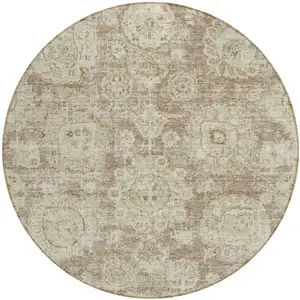 Photo of 8' Brown Tan And Beige Round Floral Washable Indoor Outdoor Area Rug