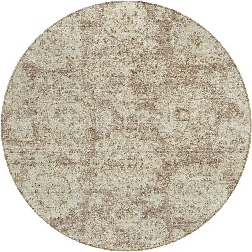 8' Brown Tan And Beige Round Floral Washable Indoor Outdoor Area Rug Photo 1