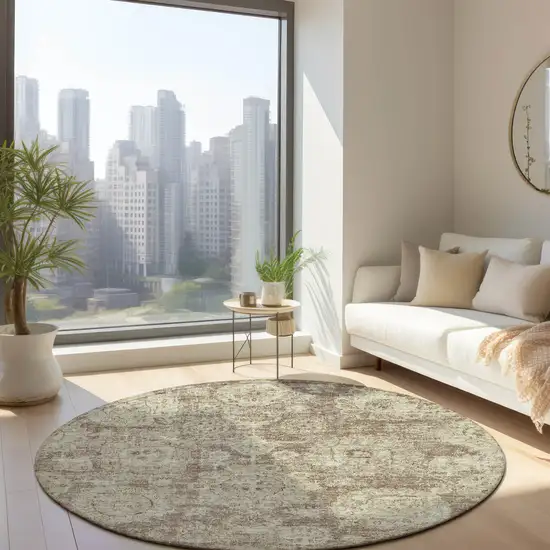 8' Brown Tan And Beige Round Floral Washable Indoor Outdoor Area Rug Photo 7