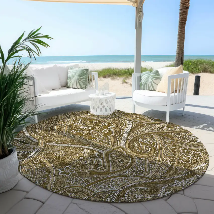8' Brown Tan And Beige Round Paisley Washable Indoor Outdoor Area Rug Photo 6