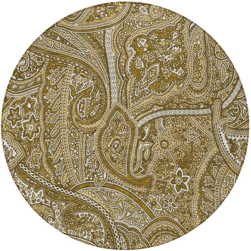 8' Brown Tan And Beige Round Paisley Washable Indoor Outdoor Area Rug Photo 5