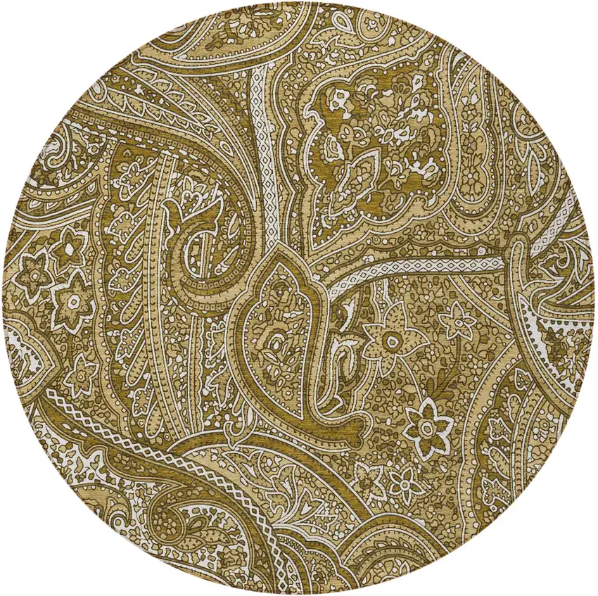 8' Brown Tan And Beige Round Paisley Washable Indoor Outdoor Area Rug Photo 5