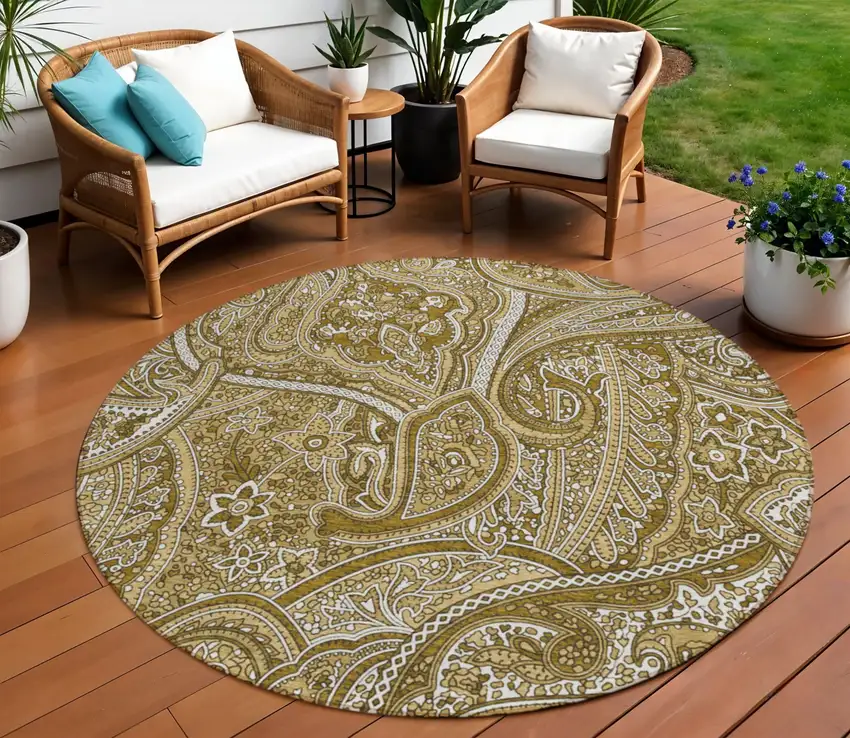 8' Brown Tan And Beige Round Paisley Washable Indoor Outdoor Area Rug Photo 1
