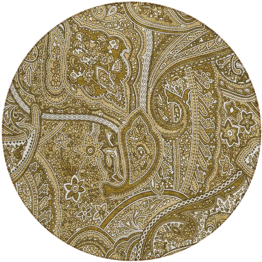 8' Brown Tan And Beige Round Paisley Washable Indoor Outdoor Area Rug Photo 2