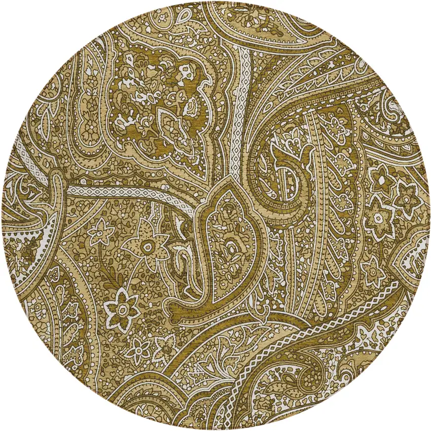 8' Brown Tan And Beige Round Paisley Washable Indoor Outdoor Area Rug Photo 2