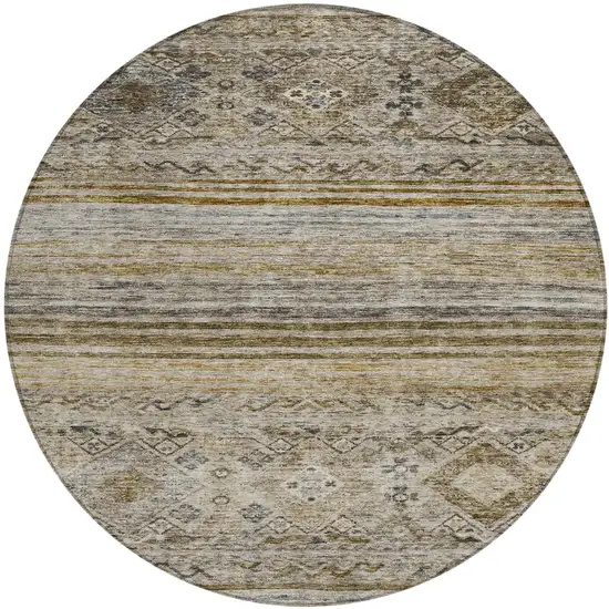 8' Brown Tan And Black Round Floral Washable Indoor Outdoor Area Rug Photo 2
