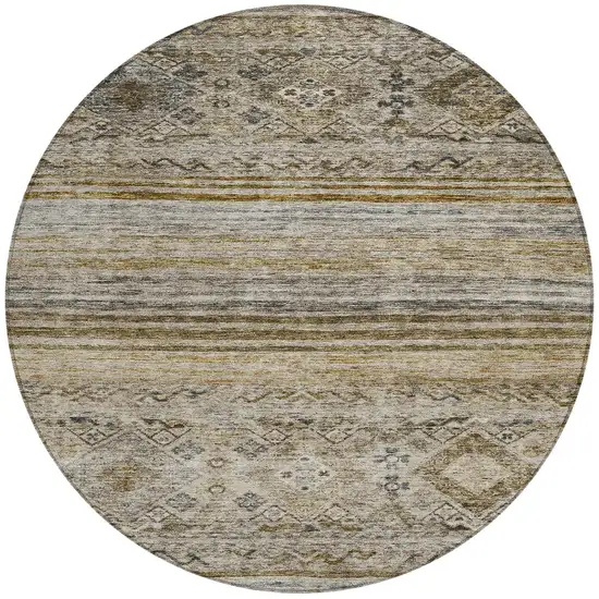8' Brown Tan And Black Round Floral Washable Indoor Outdoor Area Rug Photo 5