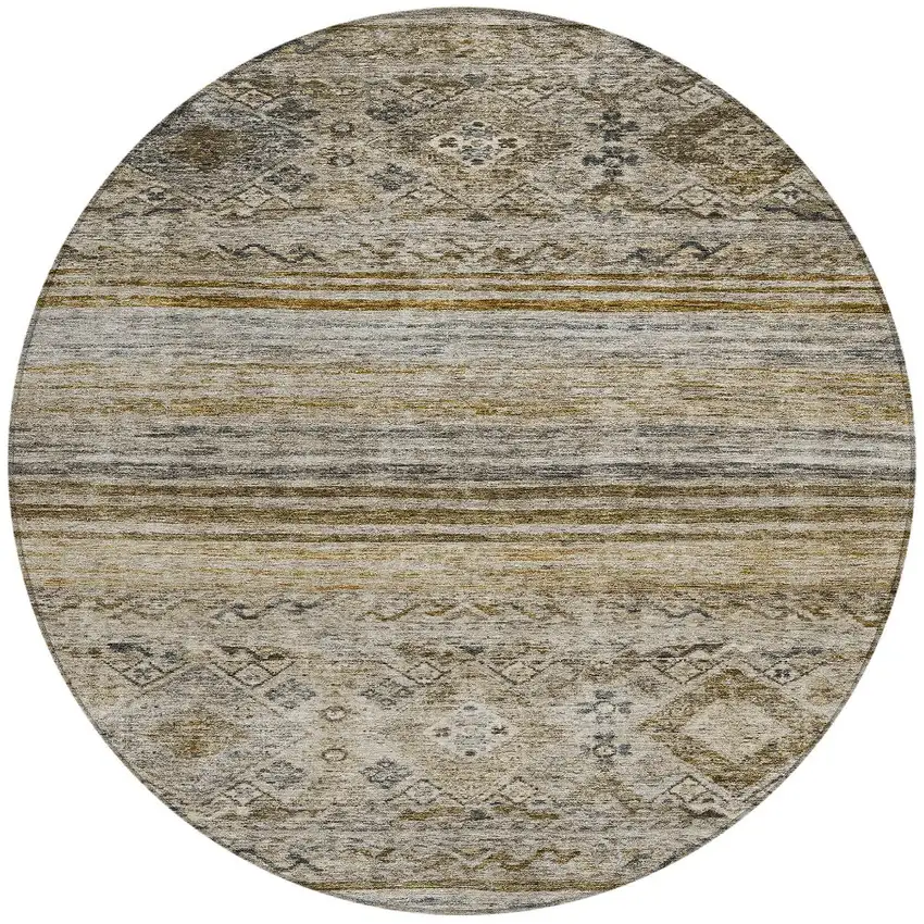 8' Brown Tan And Black Round Floral Washable Indoor Outdoor Area Rug Photo 5