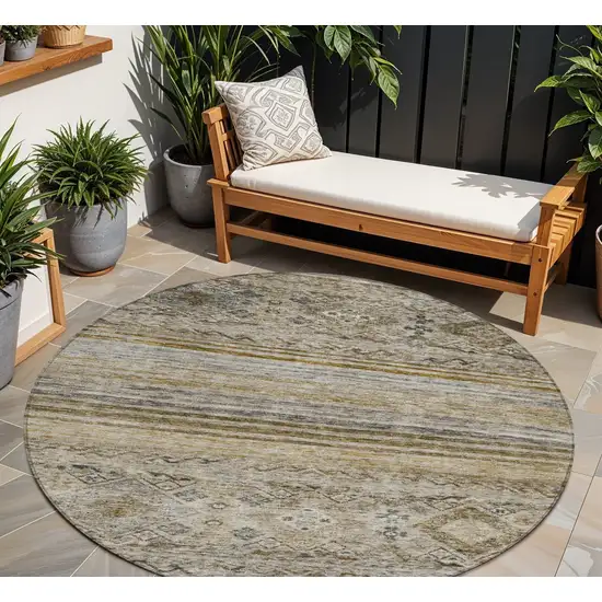 8' Brown Tan And Black Round Floral Washable Indoor Outdoor Area Rug Photo 1