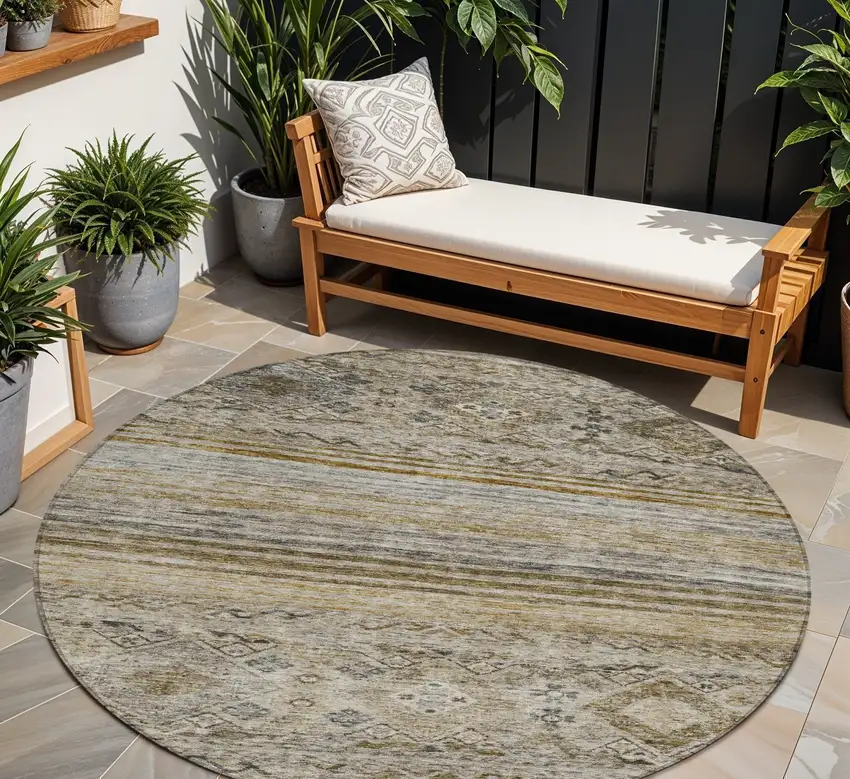 8' Brown Tan And Black Round Floral Washable Indoor Outdoor Area Rug Photo 1