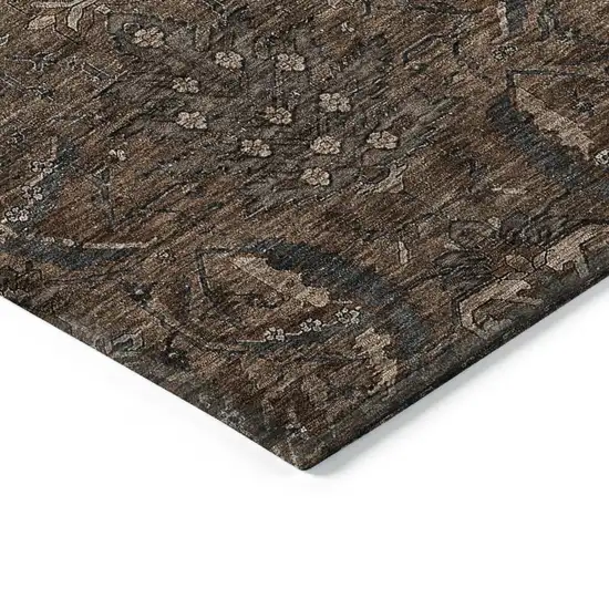 8' Brown Tan And Charcoal Round Damask Washable Indoor Outdoor Area Rug Photo 4