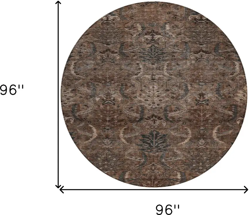8' Brown Tan And Charcoal Round Damask Washable Indoor Outdoor Area Rug Photo 9