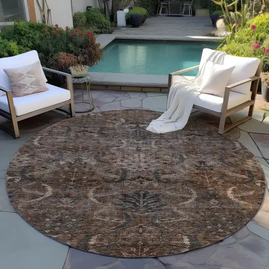 8' Brown Tan And Charcoal Round Damask Washable Indoor Outdoor Area Rug Photo 7