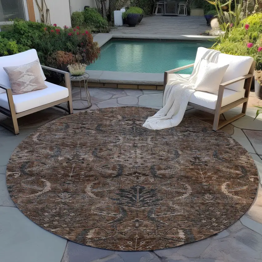 8' Brown Tan And Charcoal Round Damask Washable Indoor Outdoor Area Rug Photo 7