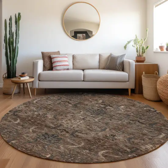 8' Brown Tan And Charcoal Round Damask Washable Indoor Outdoor Area Rug Photo 8