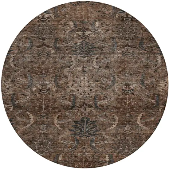 8' Brown Tan And Charcoal Round Damask Washable Indoor Outdoor Area Rug Photo 2