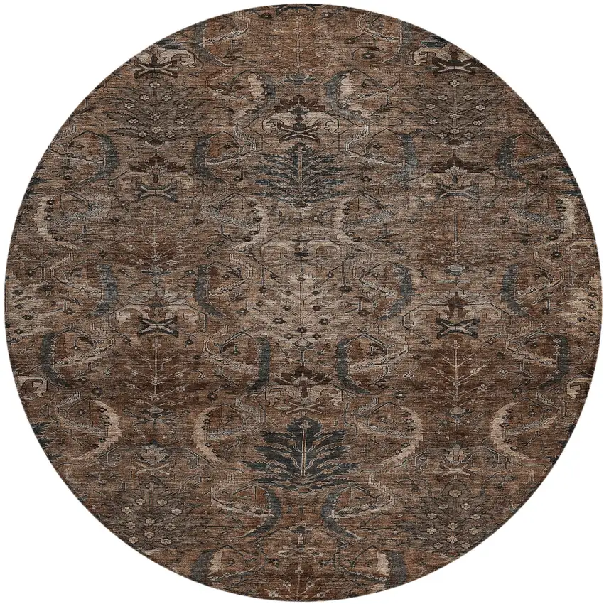 8' Brown Tan And Charcoal Round Damask Washable Indoor Outdoor Area Rug Photo 2