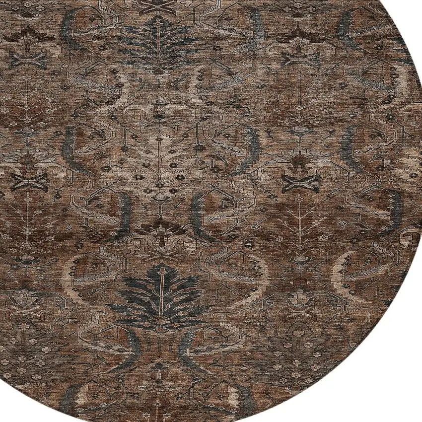 8' Brown Tan And Charcoal Round Damask Washable Indoor Outdoor Area Rug Photo 5