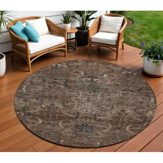 8' Brown Tan And Charcoal Round Damask Washable Indoor Outdoor Area Rug Photo 1
