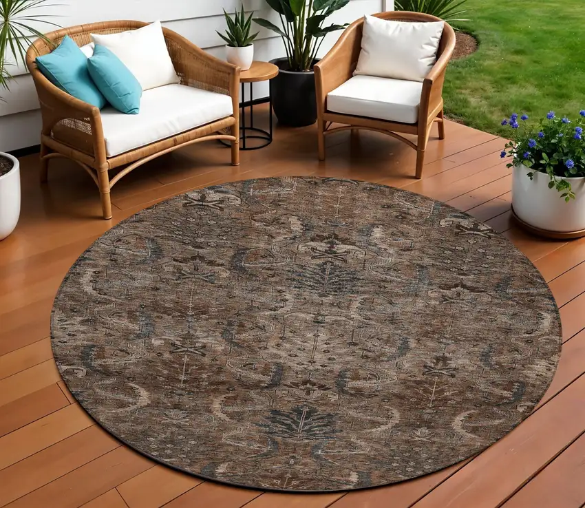8' Brown Tan And Charcoal Round Damask Washable Indoor Outdoor Area Rug Photo 1