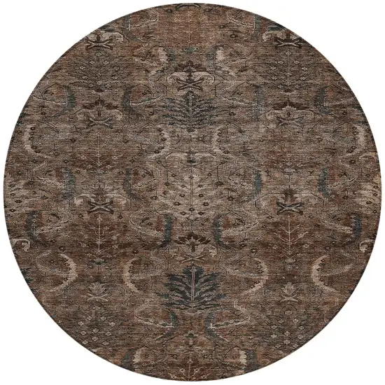 8' Brown Tan And Charcoal Round Damask Washable Indoor Outdoor Area Rug Photo 6